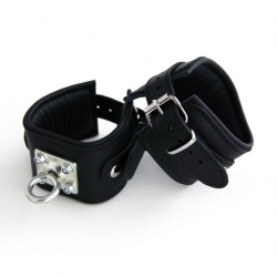 Padded Black Leather wristcuff with strong rotating ring - os-0100-2s-p