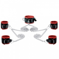 Red leather neck / hand / feet Cuff 8cm bondage set by Saxos - os-0105-2r