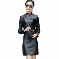 Zwarte Imitatielederen Cheongsam Stijl Mini Jurk - mae-cl-049