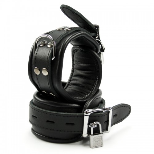 Lockable Padded Black Leather Ankle Cuffs - mi-55