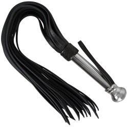 Flogger with broad leather straps and handle made out of stainless steel.