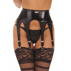 Vintage vamp PVC Six Strap Suspender Belt, with six adjustable straps, in glossy black PVC, with a hook and eye fastening at the back