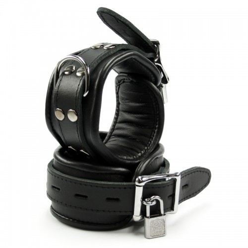 Lockable Padded Black Leather Wrist Cuffs by Saxos - os-wrist01