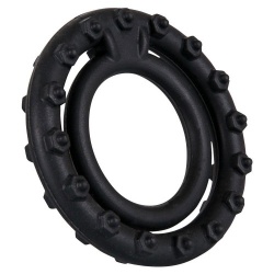 Combination of tight fitting cock ring and testicle ring. Ring ø 2.4 and 3.7 cm. Black.