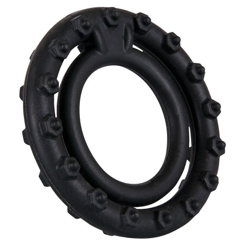 Combination of tight fitting cock ring and testicle ring. Ring ø 2.4 and 3.7 cm. Black.