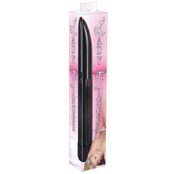 Black slippery vibrator with corrugated shaft and curved cone end.