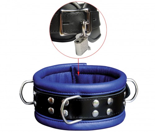 Black-Blue Leather Lockable Collar by SaXos - os-0102-1bk