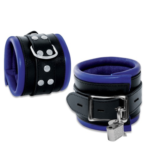 Leather Lockable Feetcuffs Black-Blue - os-0102-3bk