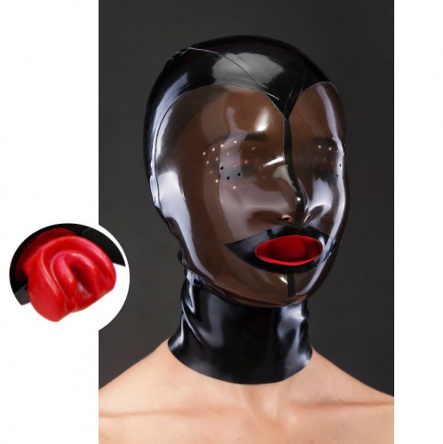 Latex design masker met rode condoom-gag en ritssluiting - mae-sm-144