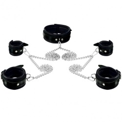 Black leather neck / hand / feet Cuff 5cm bondage set by Saxos - os-0105-s