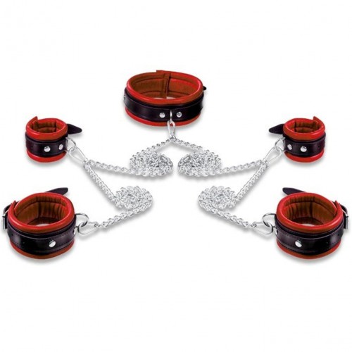 Red leather neck / hand / feet Cuff 5cm bondage set by Saxos - os-0105-r