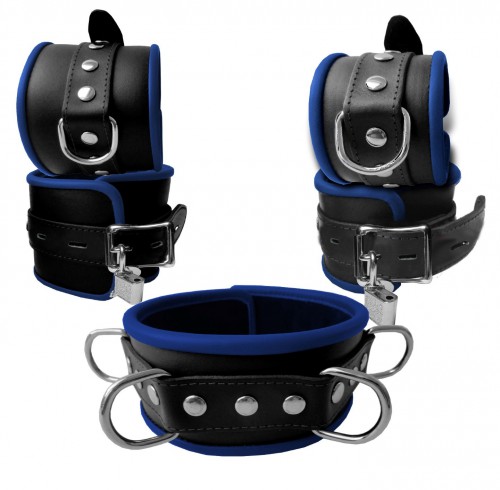 Leather soft padded Lockable Blue Bondage Cuffs by SaXos  - os-0299-1/-2/-3bk