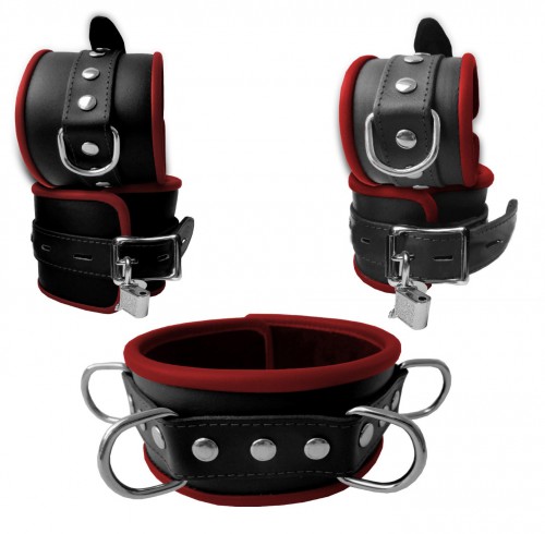 Leather soft padded Lockable Red Bondage Cuff set by SaXos - os-0299-1/-2/-3rk