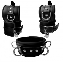 Leather soft padded Lockable Black Bondage Cuff set by SaXos - os-0299-1/-2/-3sk