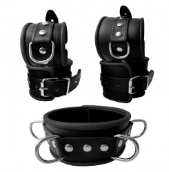 Leather soft padded Black Bondage Cuff set by SaXos - os-0299-1/-2/-3s