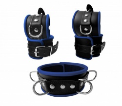 Leather soft padded Blue Bondage Cuff set by SaXos - os-0299-1/-2/-3b