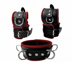 Leather soft padded Red Bondage Cuff set by SaXos - os-0299-1/-2/-3r