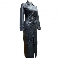 Lange sexy zwarte leren jas in Korsetstijl - as-4-012