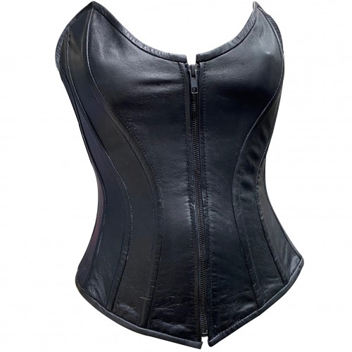 Carmen Zipper Black Leather Overbust Corset - car-5-016