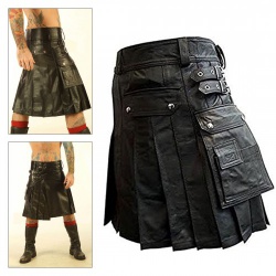 Mens Black Leather Roman Gladiator Kilt - as-mlk