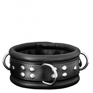 Leder Halsfessel schwarz ca. 6,5 cm breit gepolstert mit 3 D-Ringen - os-0101-1s