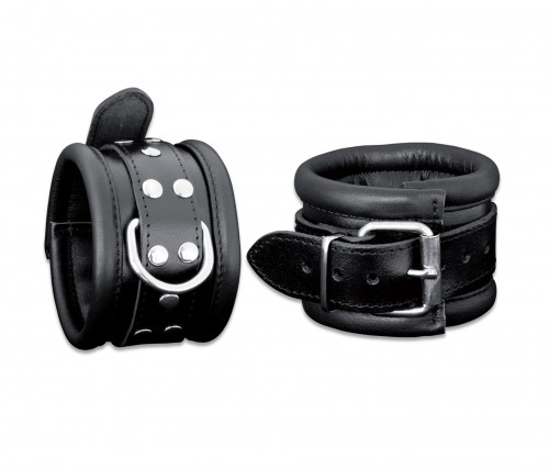 Luxuriöse Fußfesseln aus schwarzem, gepolstertem Leder mit D-Ring – 6,5 cm breit - os-0101-3s