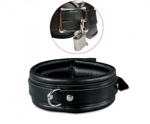 Lockable Narrow Black Leather Collar by SaXos - os-0100-1sk