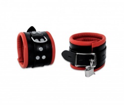 Leather Lockable Feetcuffs Black-Red - os-0102-3rk